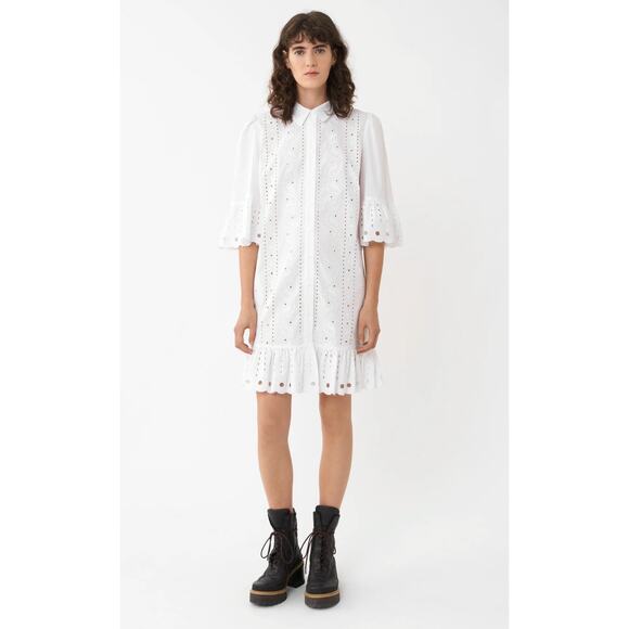 See by Chloe White Eyelet Lace Shirt Broderie Anglaise Dress NWT Size L - Picture 1 of 9